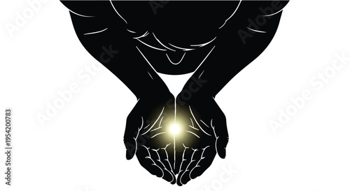 Silhouette of person cupping hands holding glowing light energy source isolated on white background spiritual conceptual illustration