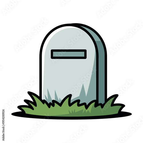 A cartoon tombstone with green grass on a white background