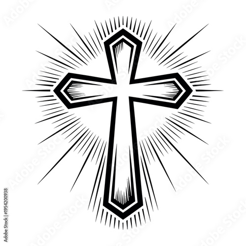 A black and white illustration of a cross with sunburst rays in the background