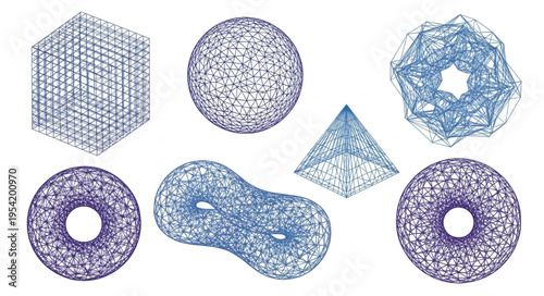 Abstract Geometric Shapes in Blue - Cube, Sphere, Torus, Pyramid.