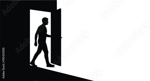 Man stepping through doorway into light, silhouette of person entering new opportunity, symbolizing growth and success in business and lifestyle