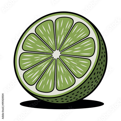 A vibrant green lime cut in half on a white background with shadow