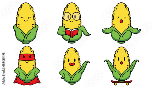 Set of cute corn mascots designs.