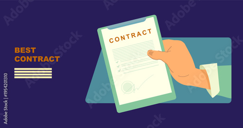 Contract document in humans’ hand, document for sign, concept of job offer, hiring concept, recruitment, illustration for business landing page