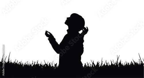 Silhouette of young man wearing hard hat holding tool and phone in grassy outdoor setting with white background
