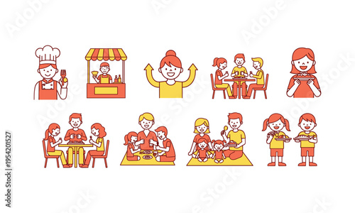 Illustrations depicting the journey of food from preparation to family enjoyment