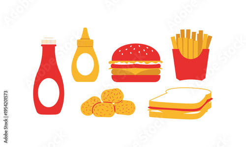 Classic fast food items illustration featuring a burger and sides