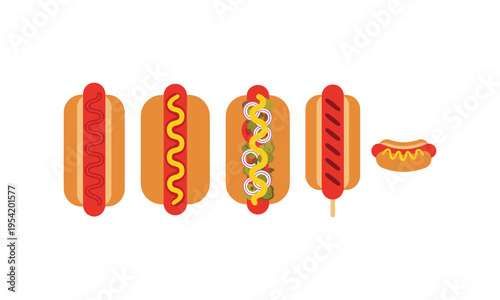 Variations of hot dogs with different toppings and styles