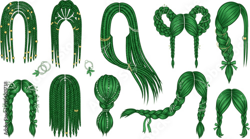 Collection of Green Braided Hair Styles with Decorative Elements
