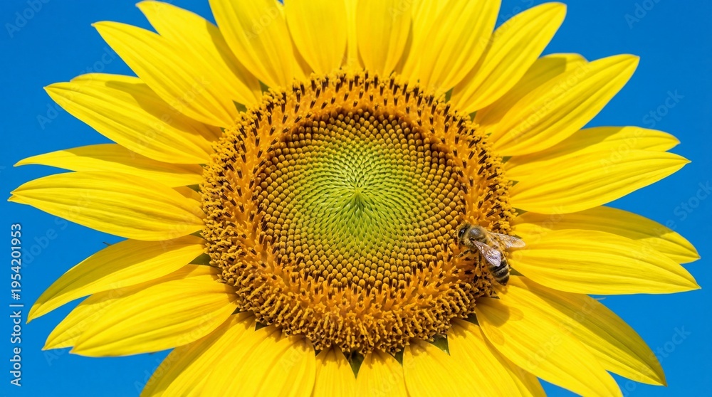 Obraz premium Close up of a vibrant yellow sunflower with a honeybee against a clear blue sky