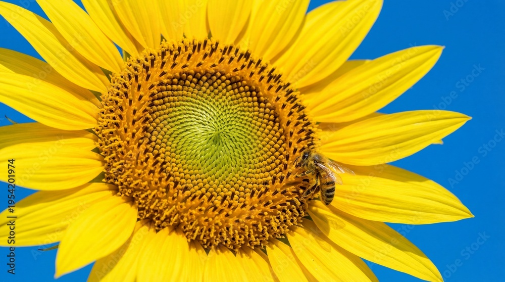 Obraz premium Close up of a vibrant yellow sunflower with a honeybee against a clear blue sky