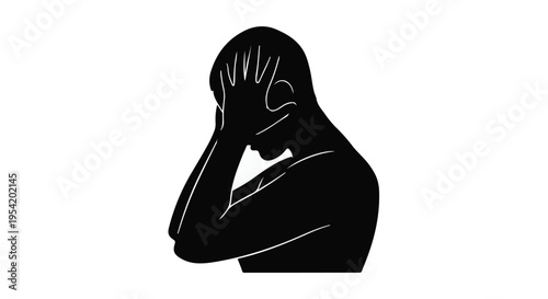 Stressed frustrated person silhouette with hand on face in black isolated on white background