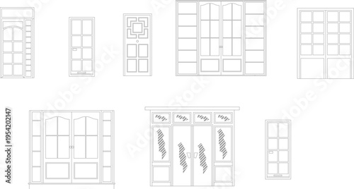 Technical architectural elevation drawing showing various window and door designs including arched tops, French doors, shutters and decorative panel configurations.