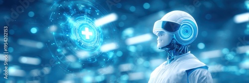 A futuristic medical robot with a helmet and digital interface displaying a glowing medical cross symbol in a high-tech blue environment.