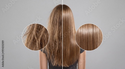 Woman hair before and after treatment with zoomed damaged and healthy strands on grey background