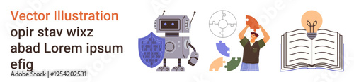 Artificial intelligence, cybersecurity, sustainability, knowledge sharing, problem-solving, creative innovation. Robot with shield, person with puzzle piece open book with light bulb. Artificial