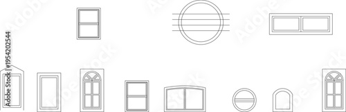 Technical architectural elevation drawing showing various window designs including rectangular, circular, arched tops with different pane configurations and styles.