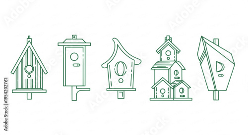A Collection of Five Green Line Art Birdhouses with Varied Designs
