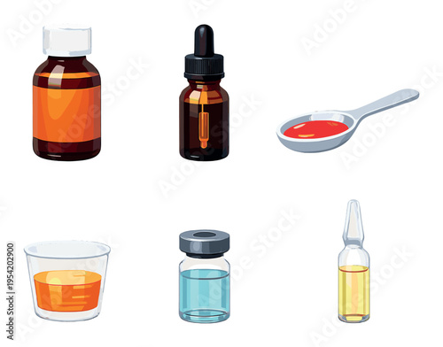Liquid medicine bottles and dosing tools on dark surface