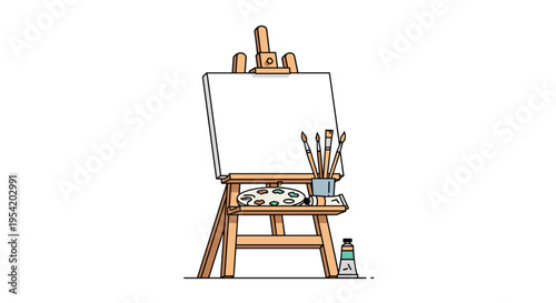 Wooden easel with blank canvas and paintbrushes in minimalist line art for art supplies