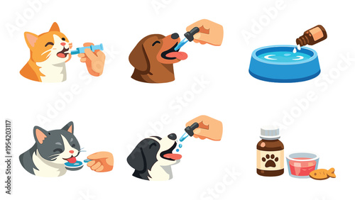 Oral medication and liquid dosing for pets on dark background