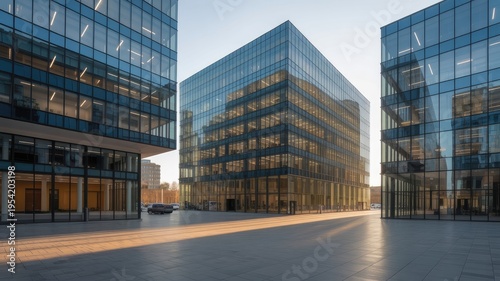 A modern glass office building complex with sleek architecture and urban landscape