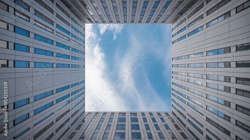 A modern skyscraper with a large open square in the center