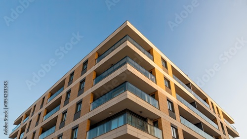 A modern apartment building with balconies against a clear blue sky