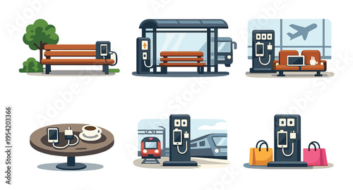 Public benches and waiting areas with charging stations in transit