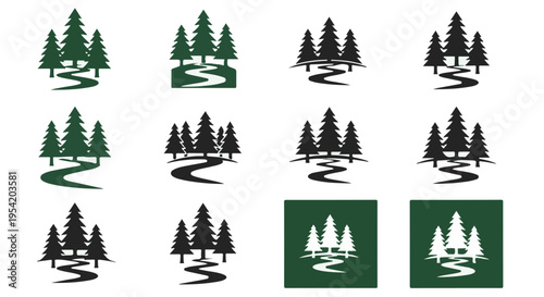 Collection of evergreen forest and winding river logos
