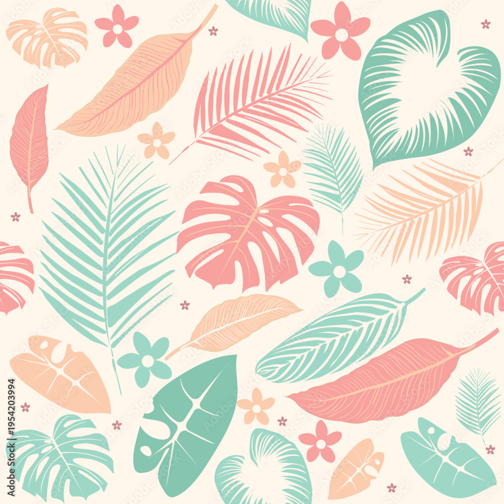 Fototapeta premium Seamless pastel tropical pattern with stylized monstera, palm and exotic leaves with small flowers. Minimal modern botanical background in soft colors. Perfect for textile, fabric and wallpaper