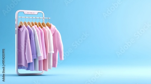 A smartphone screen displays pastel-colored sweaters on hangers, symbolizing mobile online shopping for clothing against a light blue background.