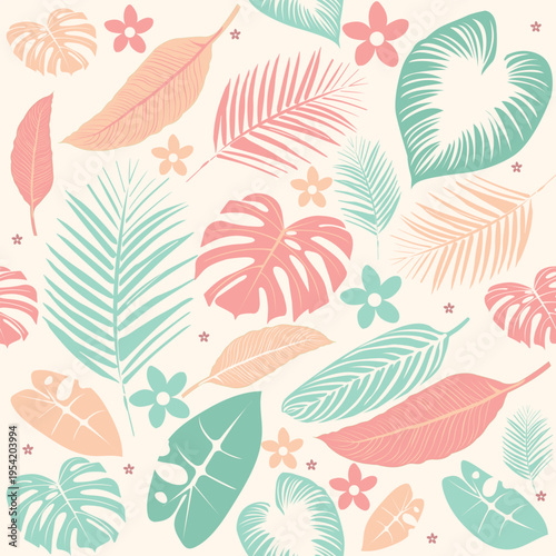 Seamless pastel tropical pattern with stylized monstera, palm and exotic leaves with small flowers. Minimal modern botanical background in soft colors. Perfect for textile, fabric and wallpaper