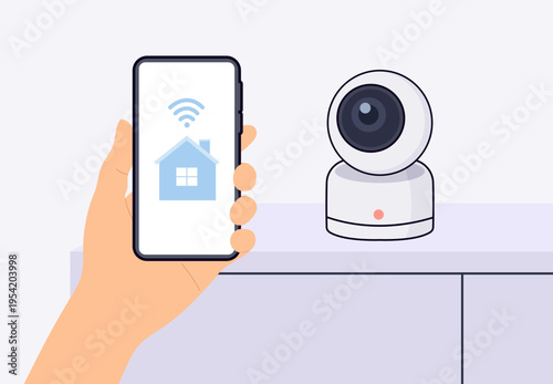 Smart home concept with hand holding smartphone to monitor security camera. Mobile app for wireless video surveillance and home protection system
