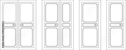 Technical architectural elevation drawing showing various panel door designs with decorative molding, rectangular panels and mail slots in different configurations.