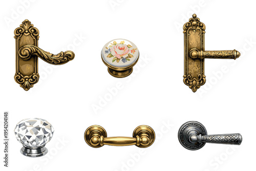 Assorted decorative door knobs and handles on dark backdrop