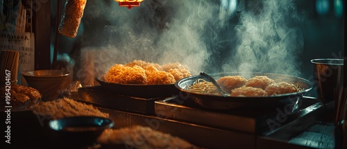 Midnight market Tokyo serf steaming ramen noodle alongside fragrant slice of Takoyaki clean professional stock photo sharp macro photography style cinematic realism ultra photorealistic no text no