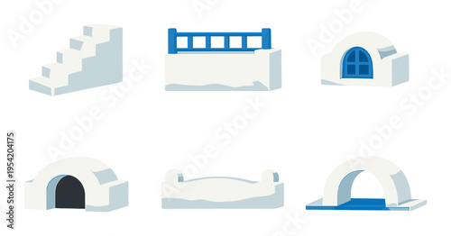 White architectural elements displayed in rows on dark background