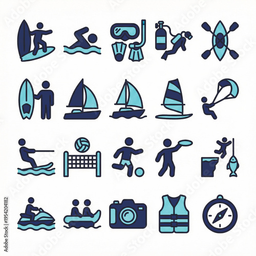 Collection of two-color icons for summer water sports and beach recreation. Includes surfing, swimming, diving, sailing, and more. Vector set. Vector illustration