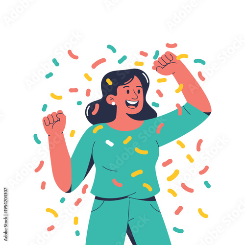 A cartoon woman celebrating with her fists raised in a green outfit surrounded by colorful confetti