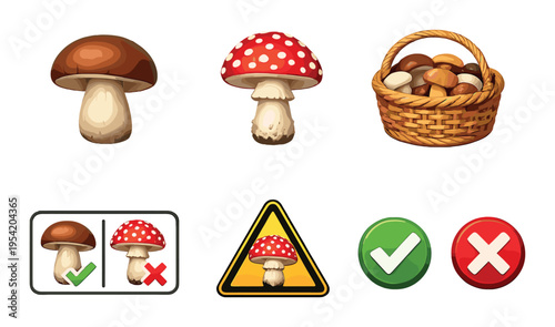 Mushroom selection icons showing edible and poisonous labels on gray