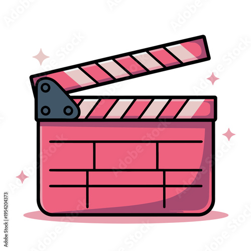 A cartoon-style illustration of a pink movie clapper board with a white background