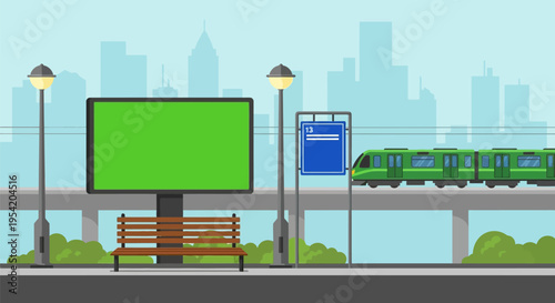 Cityscape with train and billboard.