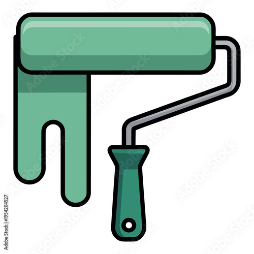 A green paint roller and paintbrush on a white background for home improvement projects