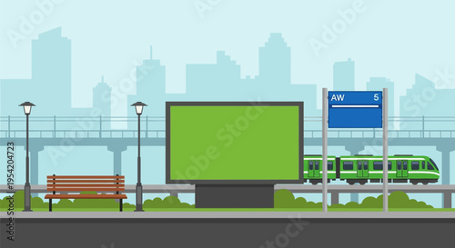 Cityscape with train and billboard.