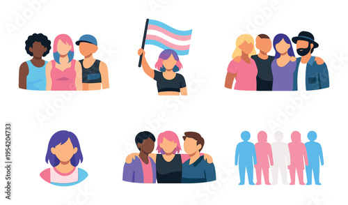 Groups of people holding transgender flags on dark background