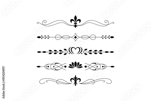 Set of six ornate white line art dividers and decorative borders with elegant swirls hearts and floral motifs isolated vintage wedding invitation elements vector collection