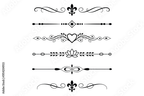 Set of six ornate white line art dividers and decorative borders with elegant swirls hearts and floral motifs isolated vintage wedding invitation elements vector collection