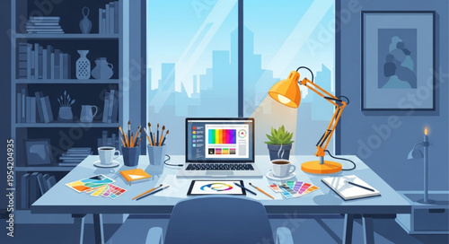 Artists Workspace with Laptop, Palette, and Drawing Tablet.