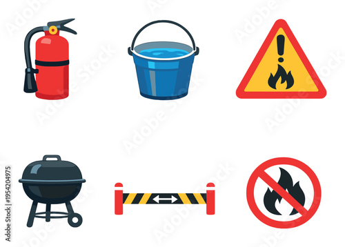 Fire extinguisher and safety icons for hazard on dark background